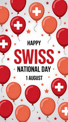 Red and orange balloons with Swiss crosses for National Day
