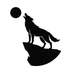 Wolf howling at the moon silhouette isolated on white background