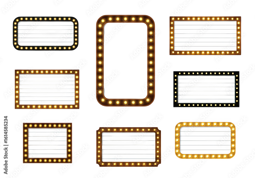 Poster a collection of vintage illuminated marquee signs in various shapes and sizes, ready for custom text