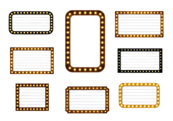 A collection of vintage illuminated marquee signs in various shapes and sizes, ready for custom text and announcements isolated on transparent background