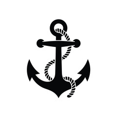 Nautical anchor silhouette with rope isolated on white background