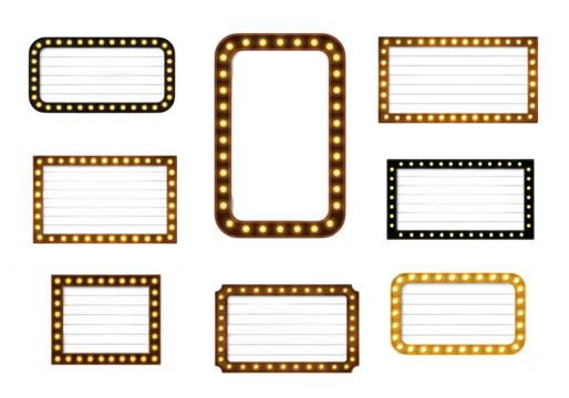 A collection of vintage illuminated marquee signs in various shapes and sizes, ready for custom text and announcements isolated on transparent background