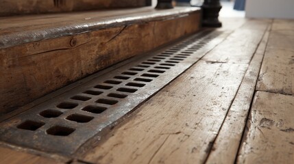 Obraz premium The rustic charm of wooden stairs meets a vintage metal vent embedded into the floor, showcasing the historical design features of the space in daylight.