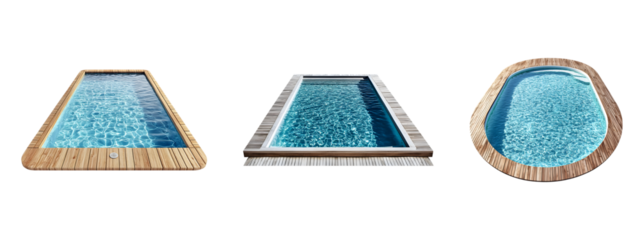 Crystal-clear swimming pool with wooden decking around it isolated on transparent background, in PNG format, cut out