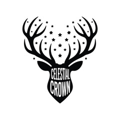 Deer head with celestial crown silhouette isolated on white background