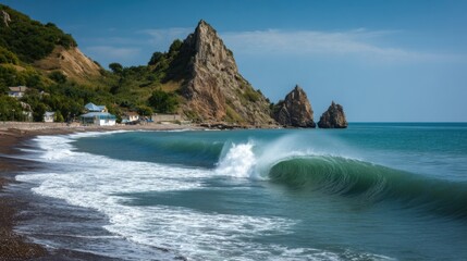 Obraz premium Turquoise waves lap against a sandy beach surrounded by rugged cliffs under a bright blue sky. The scene captures the tranquility of a coastal landscape on a sunny day.