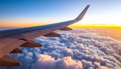 Obraz premium Aerial view of the sky, clouds, and airplane wing from a plane window during flight