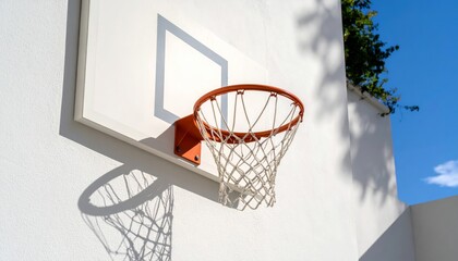 Vibrant outdoor basketball hoop and net against a clear blue sky, ready for a game