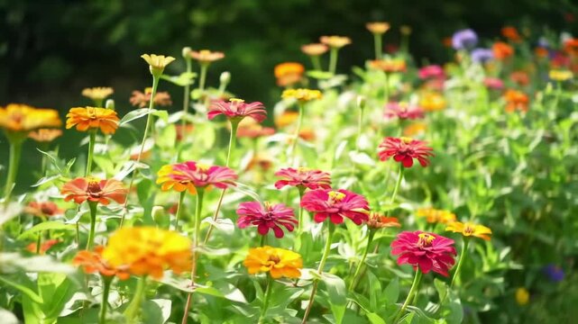 Colorful zinnia flowers in garden setting vibrant floral display abundant blossom summer sunlight
