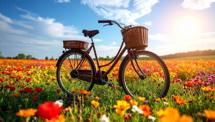 Naklejka premium Colorful vintage bicycle with a basket of flowers in a sun-drenched garden on a warm summer day