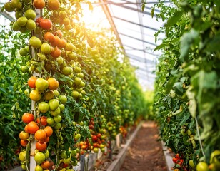 Rows of tomatoes in a greenhouse