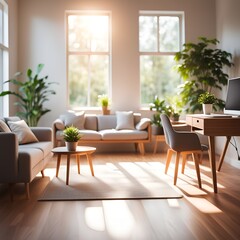 Bright and airy modern living room interior showcasing clean lines, wooden floors, and plant life.