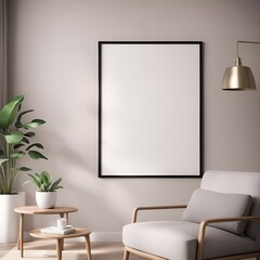 Cozy interior featuring a blank canvas in a minimalist style living space with armchair.