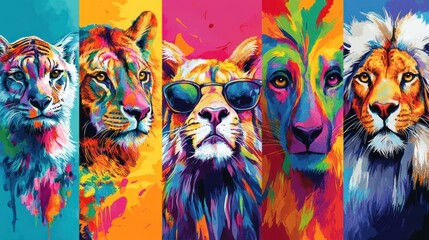 Vibrant portraits of majestic big cats, each in a unique color palette, showcasing their power and beauty