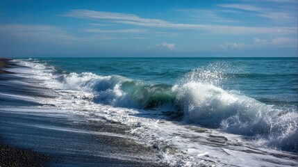 Fototapeta premium Gentle waves roll onto a calm beach, creating white foam against the dark pebbles. The tranquil sea reflects the bright sky, showcasing a peaceful coastal scene.