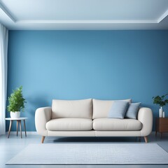 Minimalist living space featuring a cream sofa against a serene blue accent wall with natural light.