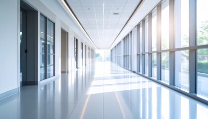 Bright, empty modern office building interior corridor with glass walls and clean, light-filled architecture, highlighting the spacious hallway and entrance