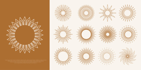 Collection of abstract sun, sunburst logo design . Bohemian minimalist linear sunrise and sunset. Vector illustration