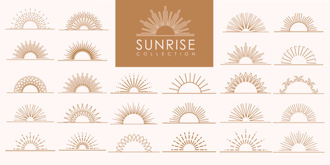 Collection of abstract sun, sunburst logo design . Bohemian minimalist linear sunrise and sunset. Vector illustration