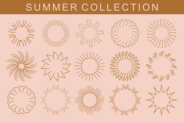 Collection of abstract sun, sunburst logo design . Bohemian minimalist linear sunrise and sunset. Vector illustration