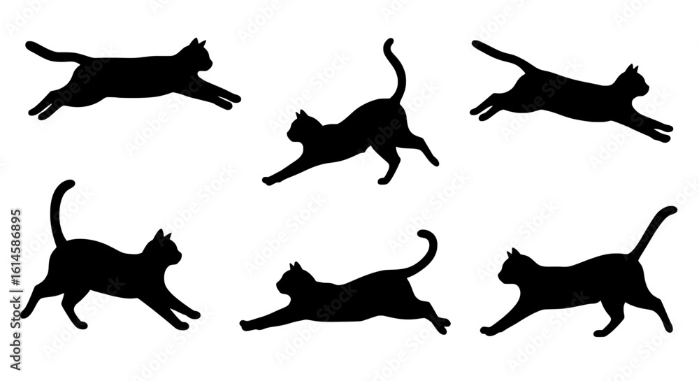 Poster cat silhouette sequence: dynamic silhouettes of a graceful cat leaping, captured in a sequence illus