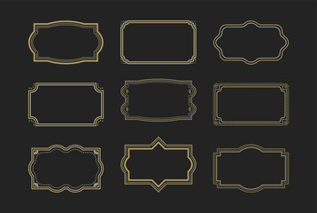 Vintage frames set. Elegant rectangular retro golden border isolated on black background. Old style Textbox collection. Decoration for wedding birthday new year christmas