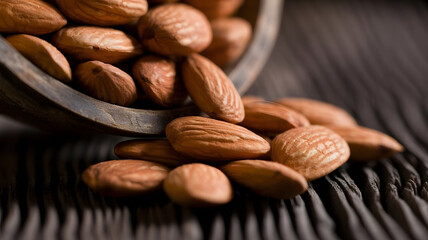 Obraz premium Close up of raw almonds spilling out of a rustic wooden bowl onto a dark textured surface