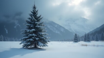 Fototapeta premium Lone Pine Tree in Pristine Snowy Winter Landscape Minimalist Nature Scene with Snow and Clear Sky