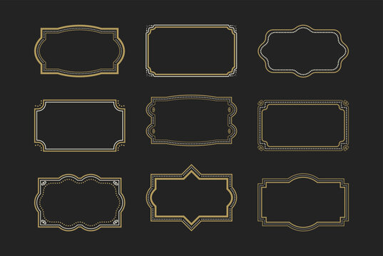 Vintage frames set. Elegant rectangular retro golden border isolated on black background. Old style Textbox collection. Decoration for wedding birthday new year christmas