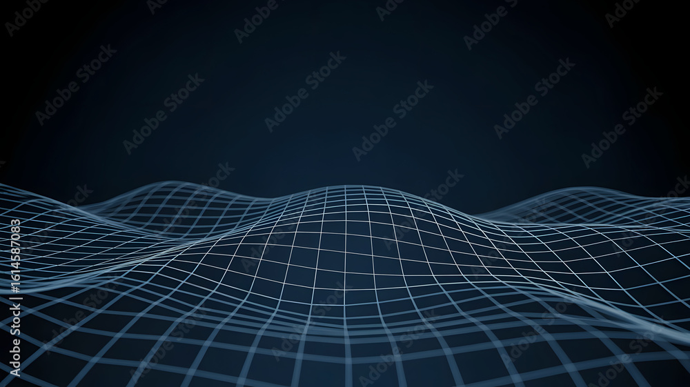 Poster abstract glowing digital landscape with a futuristic grid pattern and illuminated nodes on a dark ba
