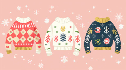 Three festive christmas sweaters with holiday patterns and snowflakes