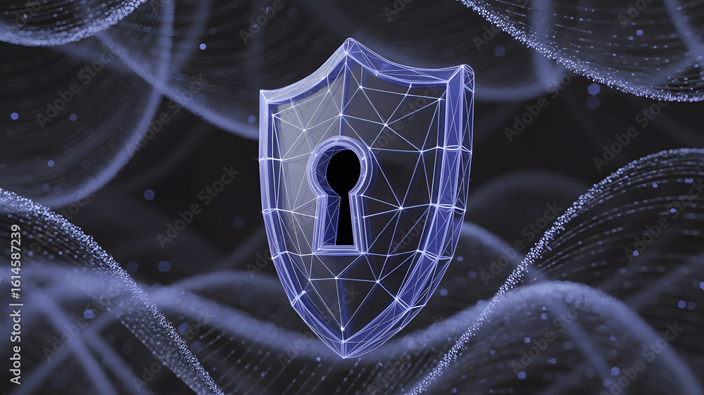 Poster digital shield with a keyhole emblem representing cybersecurity and data protection in a futuristic 