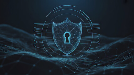 Digital shield with glowing keyhole symbol representing cybersecurity and data protection in a futuristic network