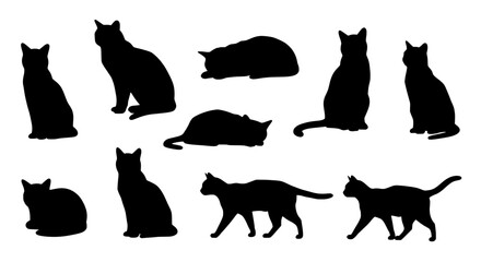 Silhouettes of Feline Companions: A striking collection of cat silhouettes showcases diverse poses and postures, illustrating the elegant form and graceful movements of these beloved animals. 