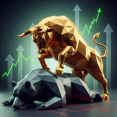 A golden polygon bull triumphs over a black bear, symbolizing a stock market rally. Dynamic concept of economic growth and success.