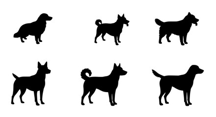 Canine Silhouettes: An illustrative collection of stylized black dog silhouettes showcasing varied poses and postures, perfect for graphic design, adding a touch of animal-inspired simplicity.