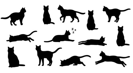 Shadow Cats Pose: A collection of striking black cat silhouettes showcase various poses and activities, perfect for conveying elegance, mystery, or playfulness in your projects.