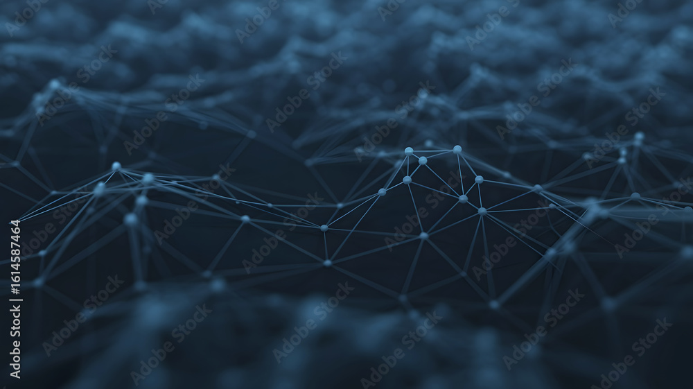 Poster abstract dark blue digital network with glowing nodes and connecting lines in a futuristic concept