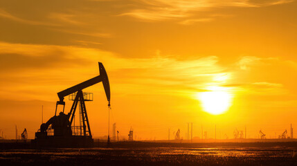 Oil pump jack silhouette against sunset