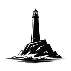Black lighthouse silhouette on a rocky island with waves isolated on white background silhouette