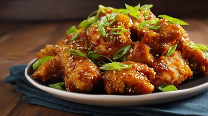 Delicious sesame chicken bites served on a plate with green onions