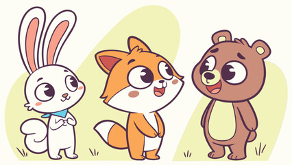 Cartoon animals illustration: cute bear, fox, and bunny characters for children's book design use
