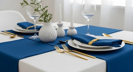 Modern Dining Table Setting - Blue Gold, Elegant Dinnerware, Luxurious Place Setting, Fine Dining, Upscale Event, Chic Decor, Special Occasion