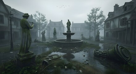 Obraz premium Moody Courtyard - Fountain, Archways, Abandoned City, Eerie Architecture, Urban Decay, Dark Atmosphere, Gothic Mystery, Historical Ruin