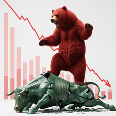 Clean concept of a bear market. A red bear stands on a shattered bull statue with a red declining bar graph and arrow in the background.