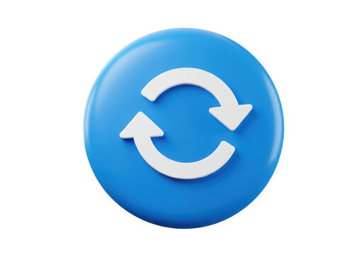 Blue circular button with refresh arrows isolated on transparent background