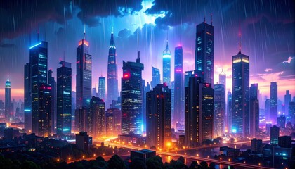 Obraz premium Night urban skylines and cityscapes of Hong Kong, New York, and Singapore, featuring illuminated downtown buildings reflecting on water