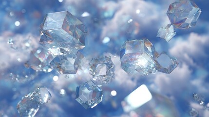 Dreamlike 3D Render of Floating Crystalline Structures, Reflecting Light and Creating a Sense of Wonder, Ideal for Projects Related to Innovation