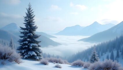 Fototapeta premium Lone Pine Tree in Pristine Snowy Winter Landscape Minimalist Nature Scene with Snow and Clear Sky