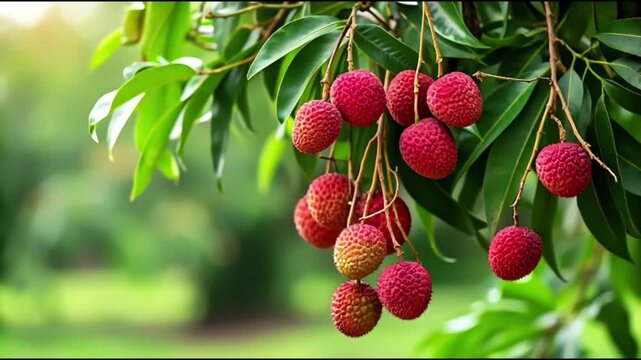 Sweet nutritious lychee fruits and leaves are tossed by breeze on tree